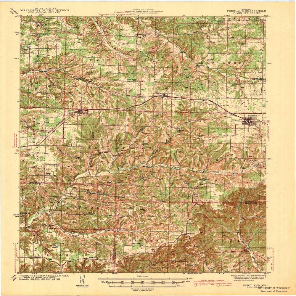 YellowMaps Fordland MO topo map, 1:62500 Scale, 15 X 15 Minute, Historical, 1942, 20.3 x 17 in - Tyvek