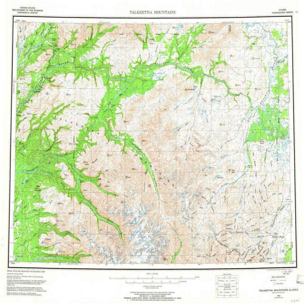 YellowMaps Talkeetna Mountains AK topo map, 1:250000 Scale, 1 X 3 Degree, Historical, 1954, Updated 1966, 22.3 x 27 in - Polypropylene