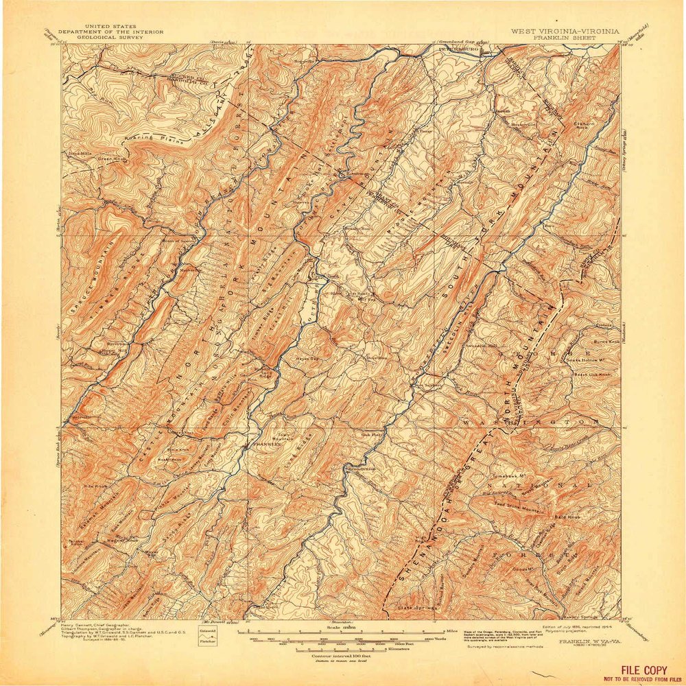 YellowMaps Franklin WV topo map, 1:125000 Scale, 30 X 30 Minute, Historical, 1896, Updated 1944, 20.8 x 16.8 in - Polypropylene