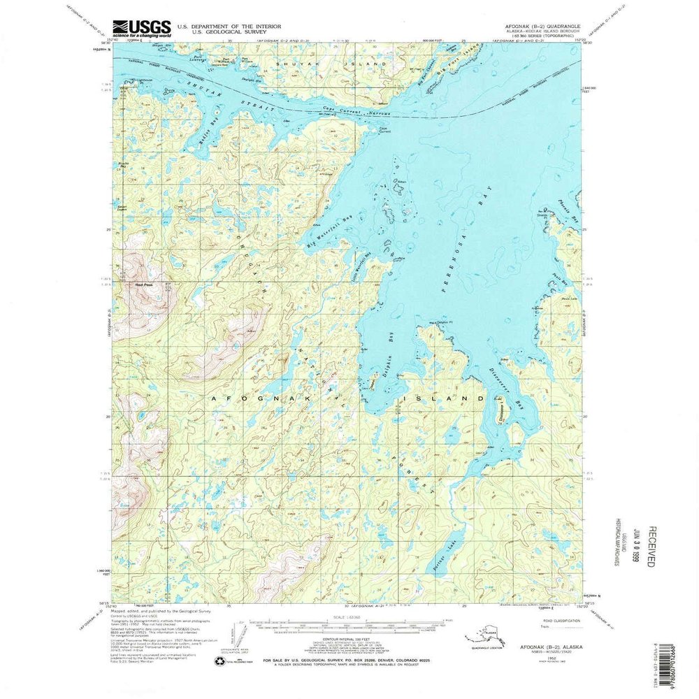 YellowMaps Afognak B 2 AK topo map, 1:63360 Scale, 15 X 15 Minute, Historical, 1952, Updated 1977, 21.6 x 18 in - Polypropylene