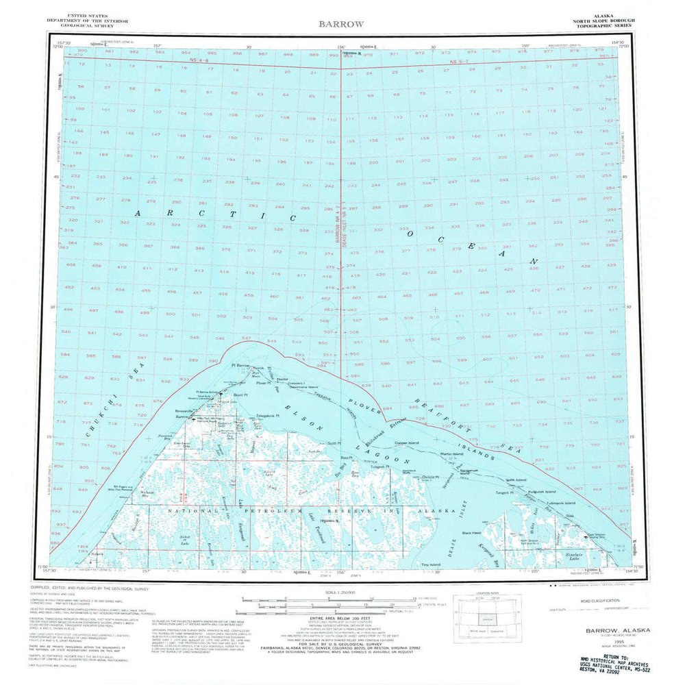 YellowMaps Barrow AK topo map, 1:250000 Scale, 1 X 3 Degree, Historical, 1955, Updated 1981, 23.1 x 20.2 in - Tyvek