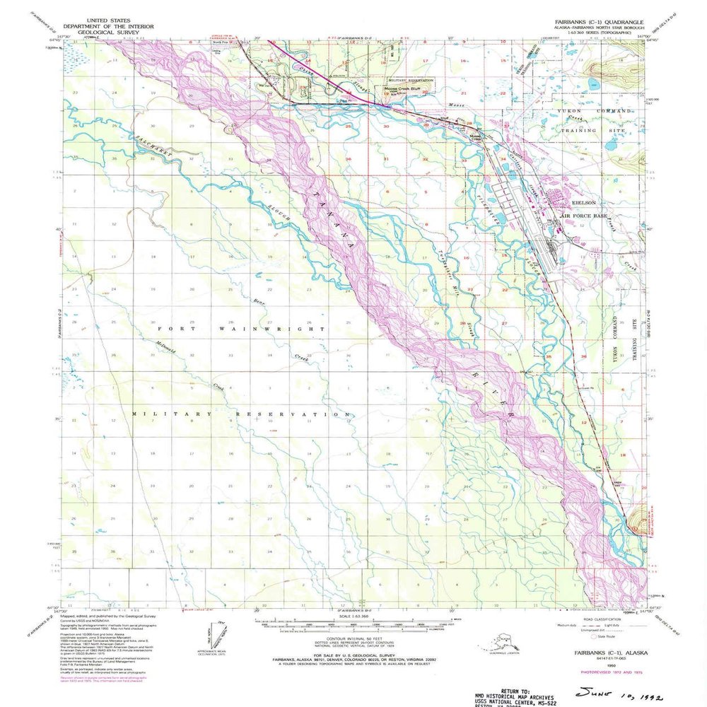 YellowMaps Fairbanks C 1 AK topo map, 1:63360 Scale, 15 X 15 Minute, Historical, 1950, Updated 1992, 21.6 x 18 in - Polypropylene