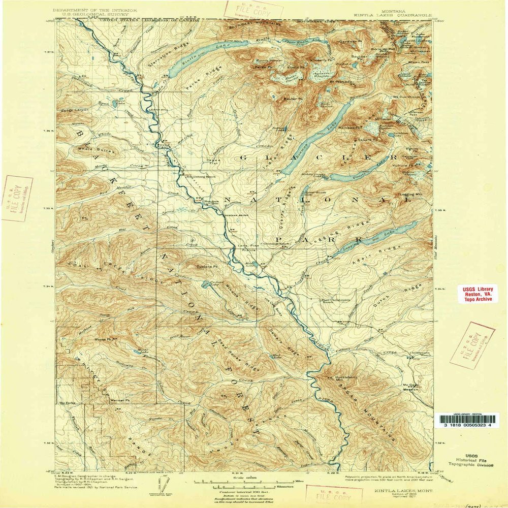 YellowMaps Kintla Lakes MT topo map, 1:125000 Scale, 30 X 30 Minute, Historical, 1906, Updated 1927, 19.8 x 15.6 in - Polypropylene