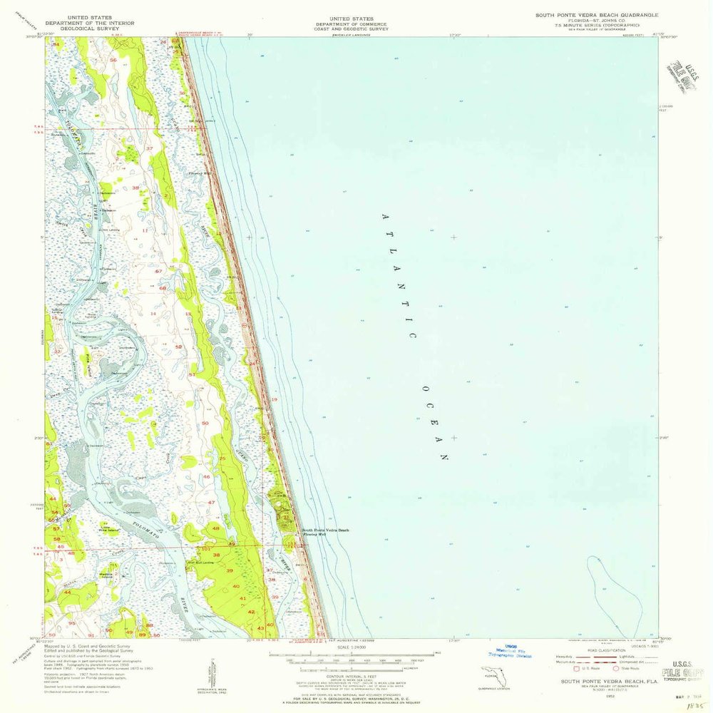 YellowMaps South Ponte Vedra Beach FL topo map, 1:24000 Scale, 7.5 X 7.5 Minute, Historical, 1952, Updated 1956, 26.9 x 23 in - Tyvek