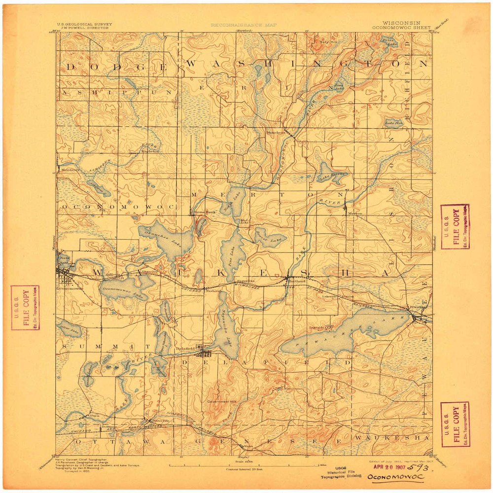 YellowMaps Oconomowoc WI topo map, 1:62500 Scale, 15 X 15 Minute, Historical, 1892, Updated 1907, 20.38 x 16.79 in - Tyvek