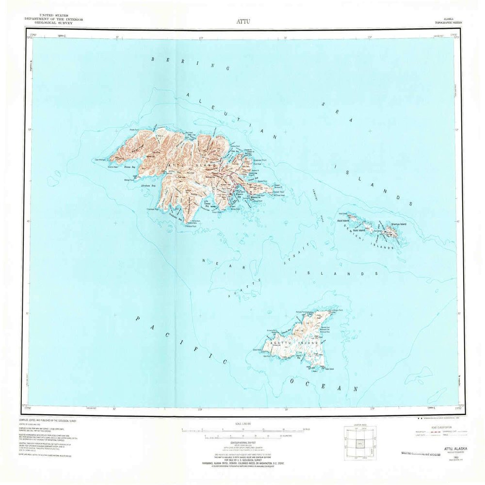YellowMaps Attu AK topo map, 1:250000 Scale, 1 X 2 Degree, Historical, 1953, Updated 1973, 23.1 x 30.3 in - Tyvek