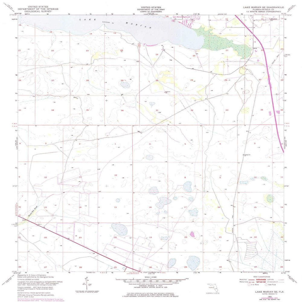 YellowMaps Lake Marian SE FL topo map, 1:24000 Scale, 7.5 X 7.5 Minute, Historical, 1953, Updated 1984, 26.7 x 22.9 in - Polypropylene