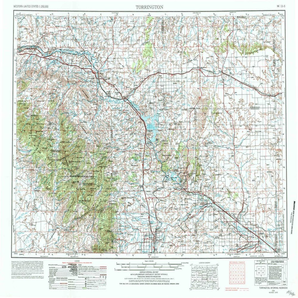 YellowMaps Torrington WY topo map, 1:250000 Scale, 1 X 2 Degree, Historical, 1954, Updated 1984, 22 x 29.1 in - Polypropylene
