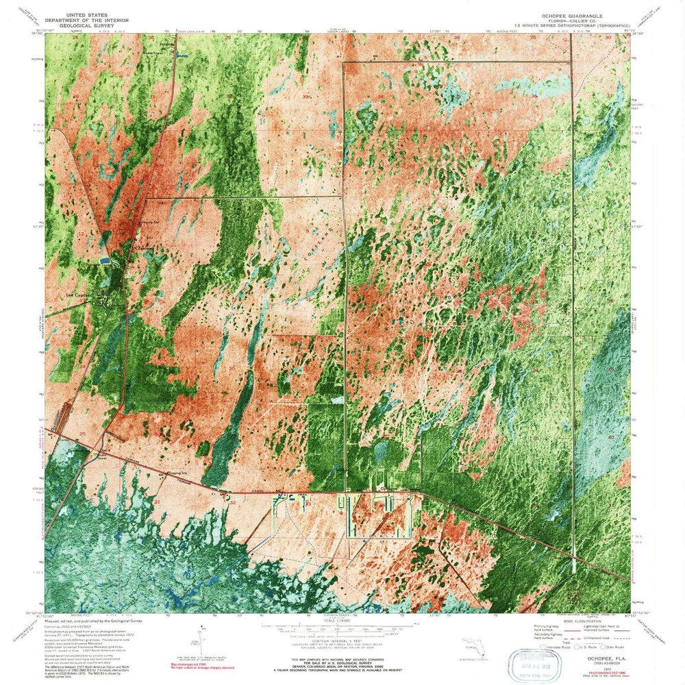 YellowMaps Ochopee FL topo map, 1:24000 Scale, 7.5 X 7.5 Minute, Historical, 1972, Updated 1991, 26.8 x 24 in - Polypropylene