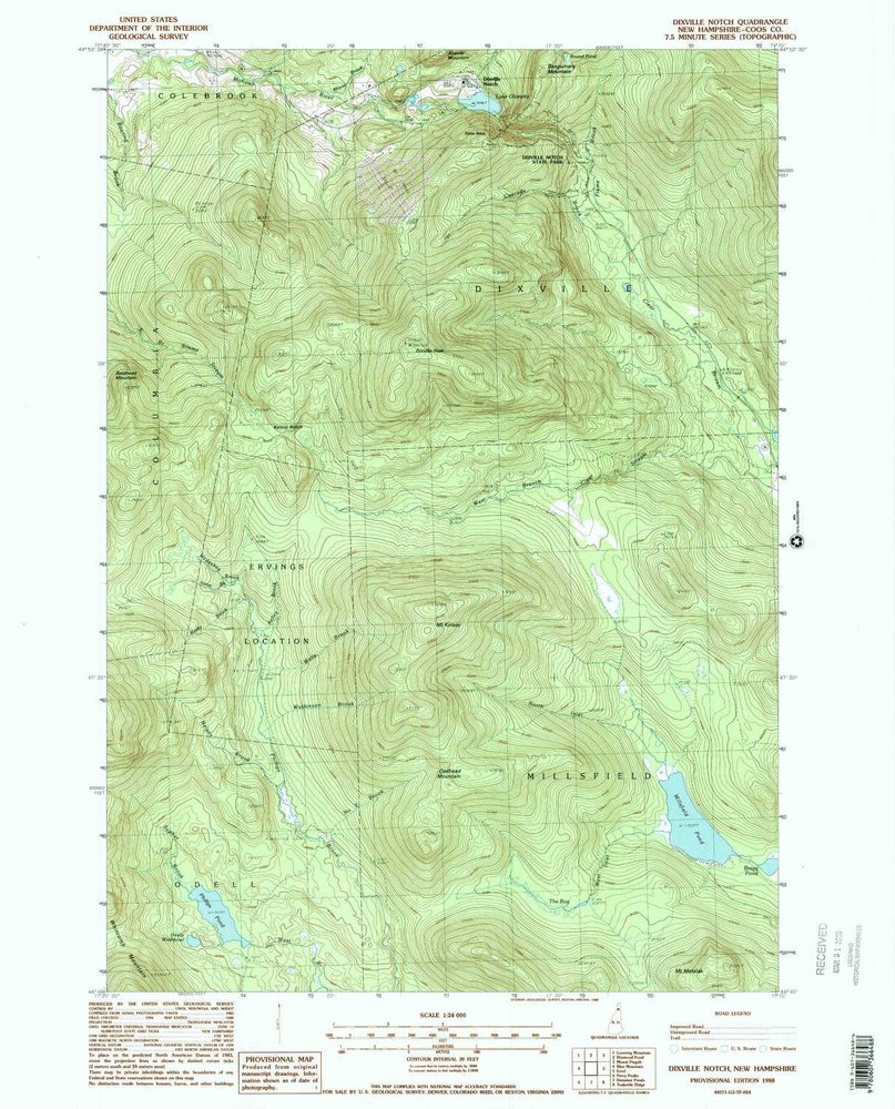 YellowMaps Dixville Notch NH topo map, 1:24000 Scale, 7.5 X 7.5 Minute, Historical, 1988, Updated 1988, 26.8 x 21.6 in - Polypropylene