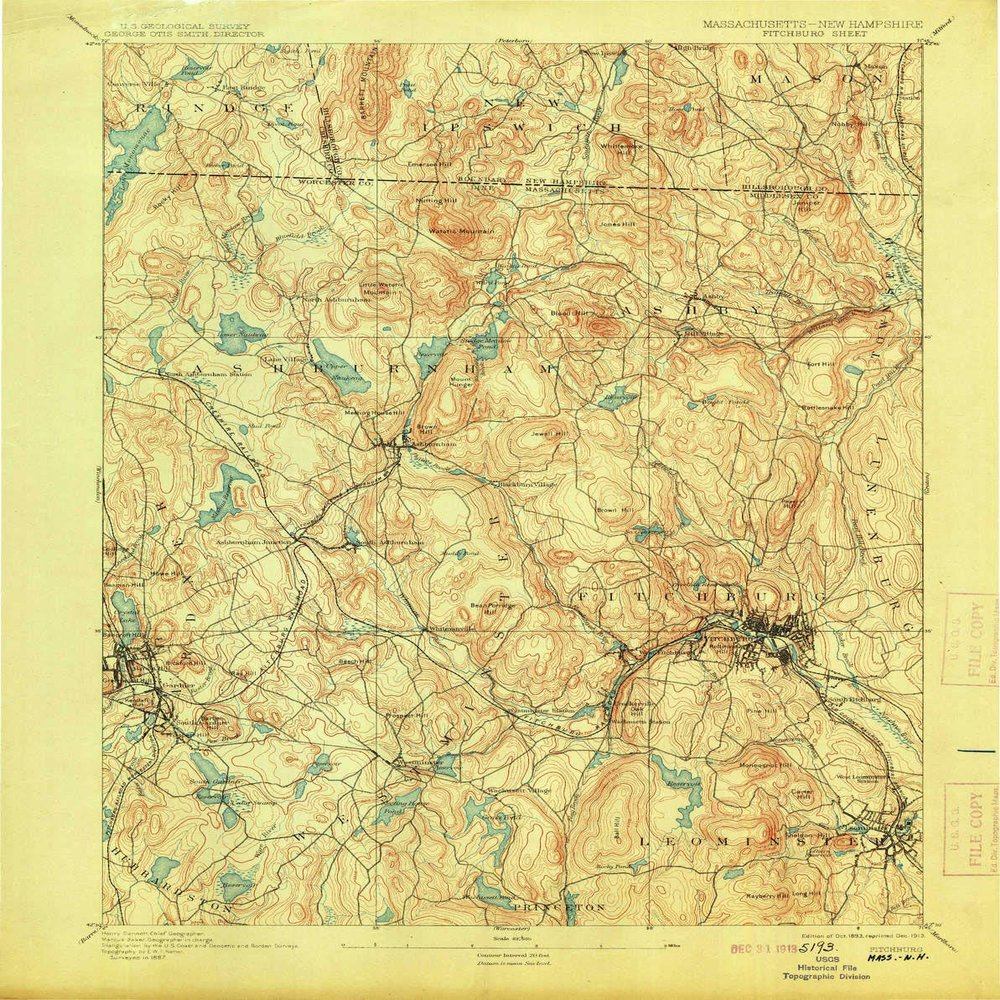 YellowMaps Fitchburg MA topo map, 1:62500 Scale, 15 X 15 Minute, Historical, 1893, Updated 1913, 19.8 x 15.8 in - Polypropylene