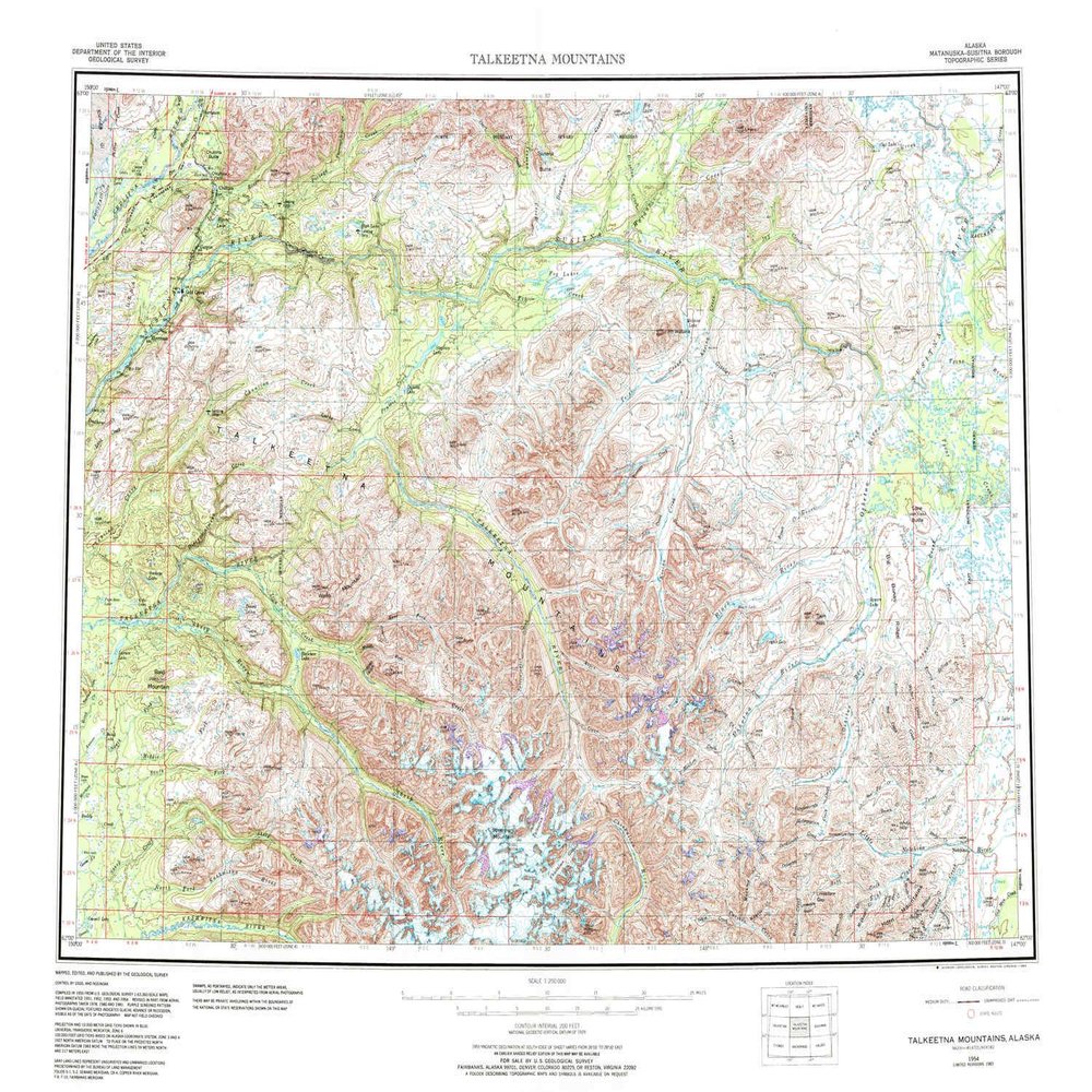 YellowMaps Talkeetna Mountains AK topo map, 1:250000 Scale, 1 X 3 Degree, Historical, 1954, Updated 1983, 22.7 x 28.7 in - Polypropylene