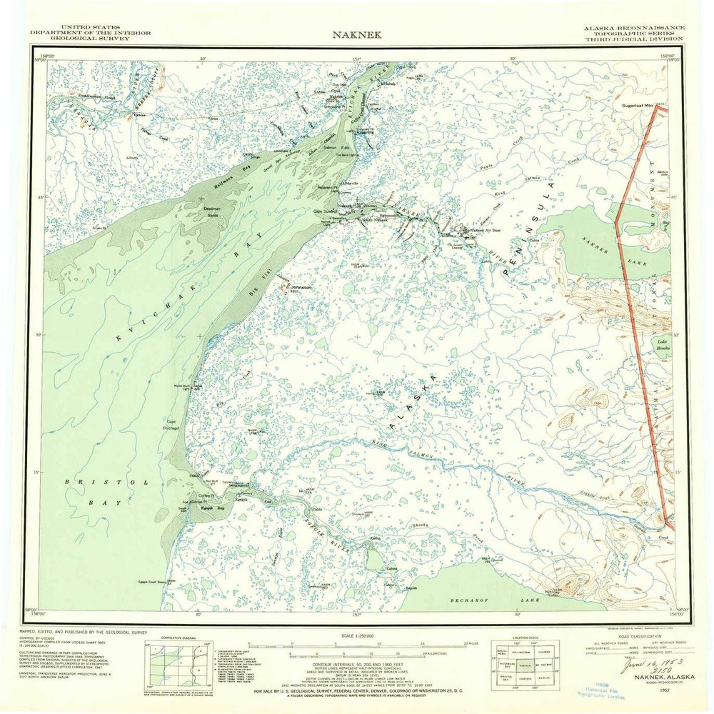 YellowMaps Naknek AK topo map, 1:250000 Scale, 1 X 2 Degree, Historical, 1952, Updated 1953, 22.8 x 20.8 in - Tyvek