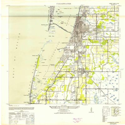 YellowMaps Clearwater FL topo map, 1:24000 Scale, 7.5 X 7.5 Minute, Historical, 1943, Updated 1952, 29 x 22.9 in - Polypropylene