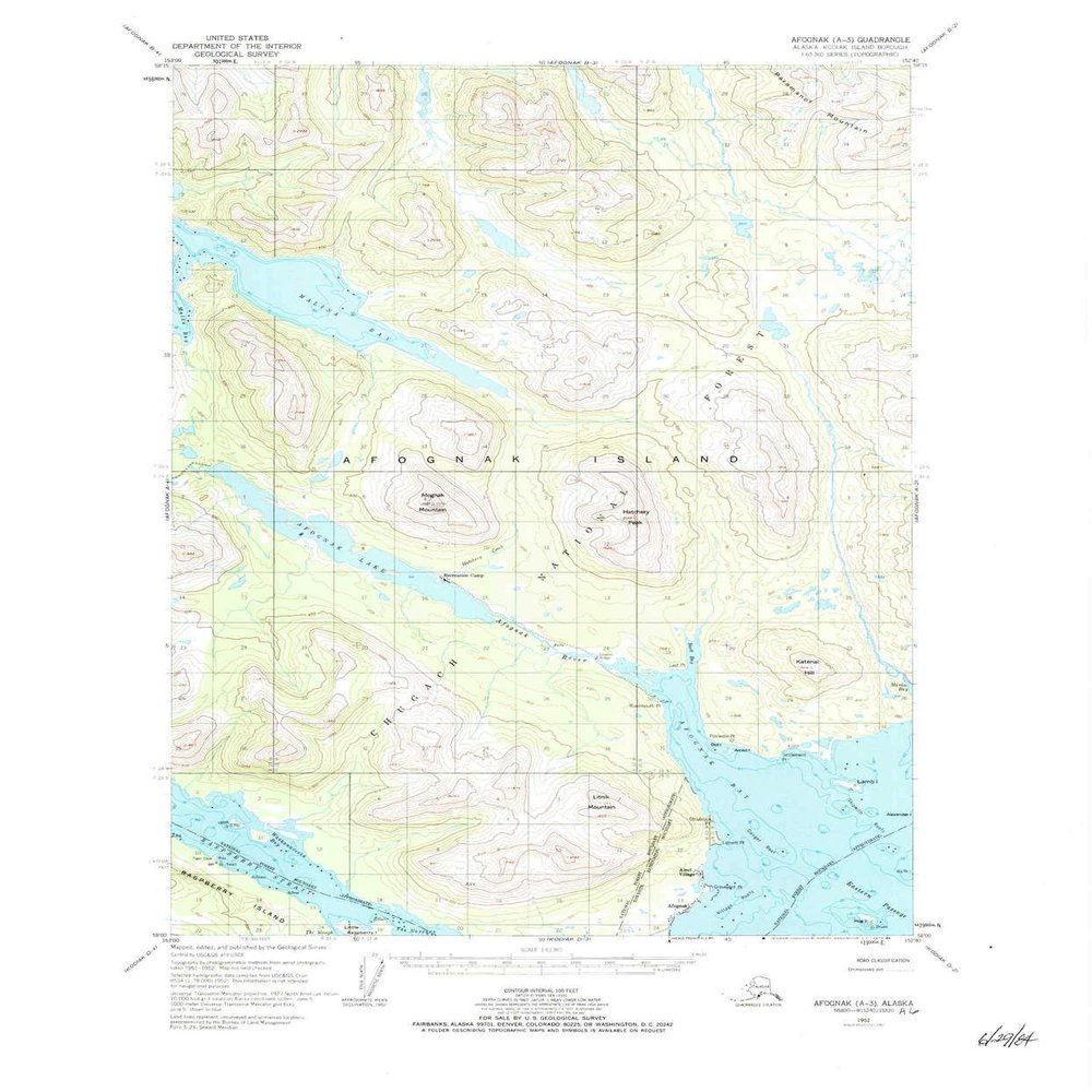 YellowMaps Afognak A 3 AK topo map, 1:63360 Scale, 15 X 15 Minute, Historical, 1952, Updated 1984, 21.7 x 18 in - Polypropylene