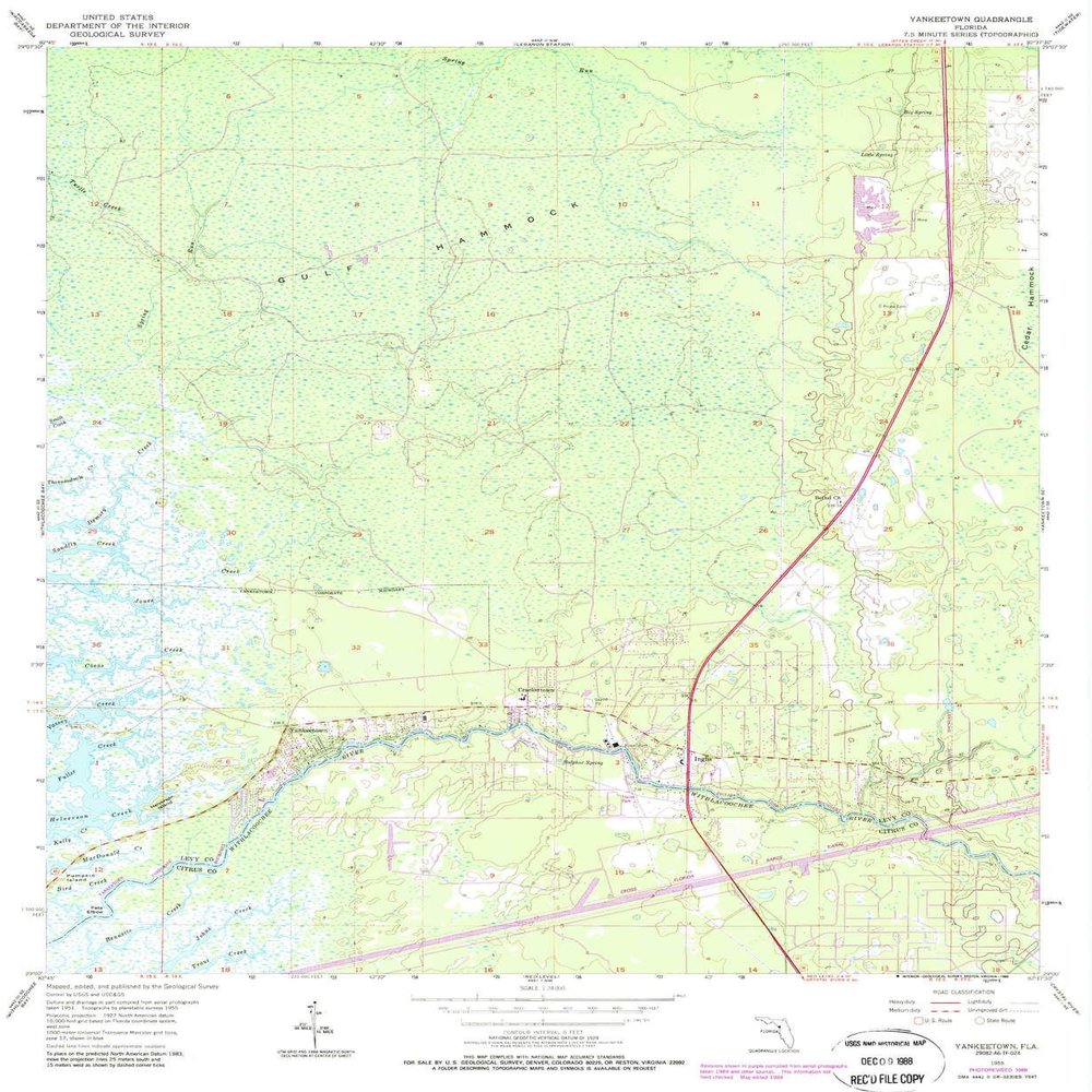 YellowMaps Yankeetown FL topo map, 1:24000 Scale, 7.5 X 7.5 Minute, Historical, 1955, Updated 1988, 26.8 x 22 in - Tyvek