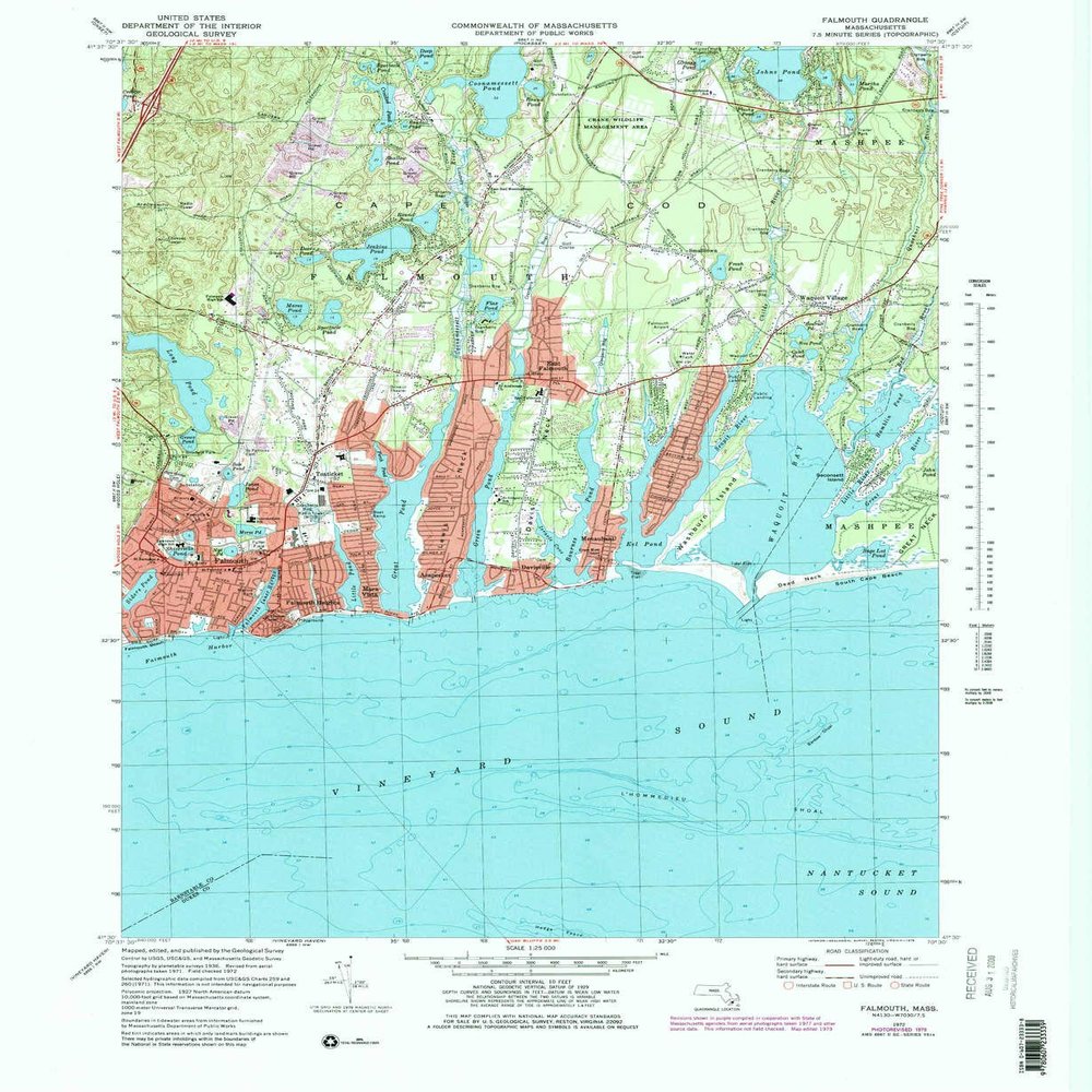 YellowMaps Falmouth MA topo map, 1:25000 Scale, 7.5 X 7.5 Minute, Historical, 1972, Updated 1979, 26.8 x 22 in - Polypropylene