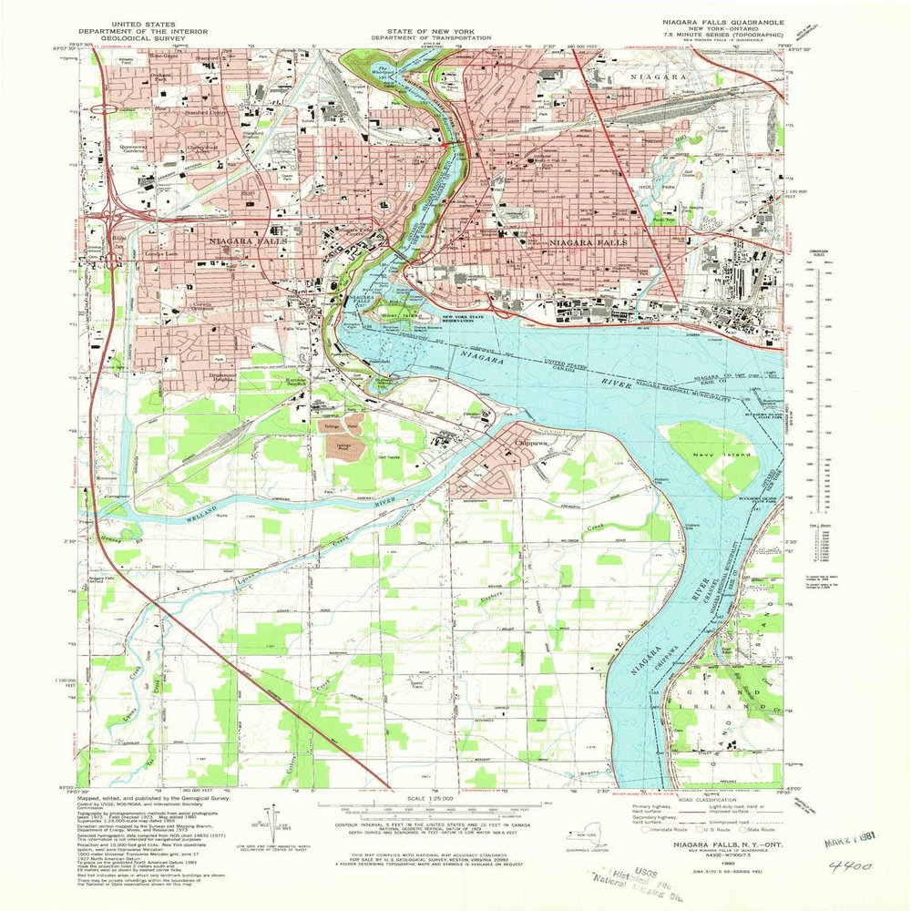 YellowMaps Niagara Falls NY topo map, 1:25000 Scale, 7.5 X 7.5 Minute, Historical, 1980, Updated 1981, 26.9 x 20.7 in - Polypropylene