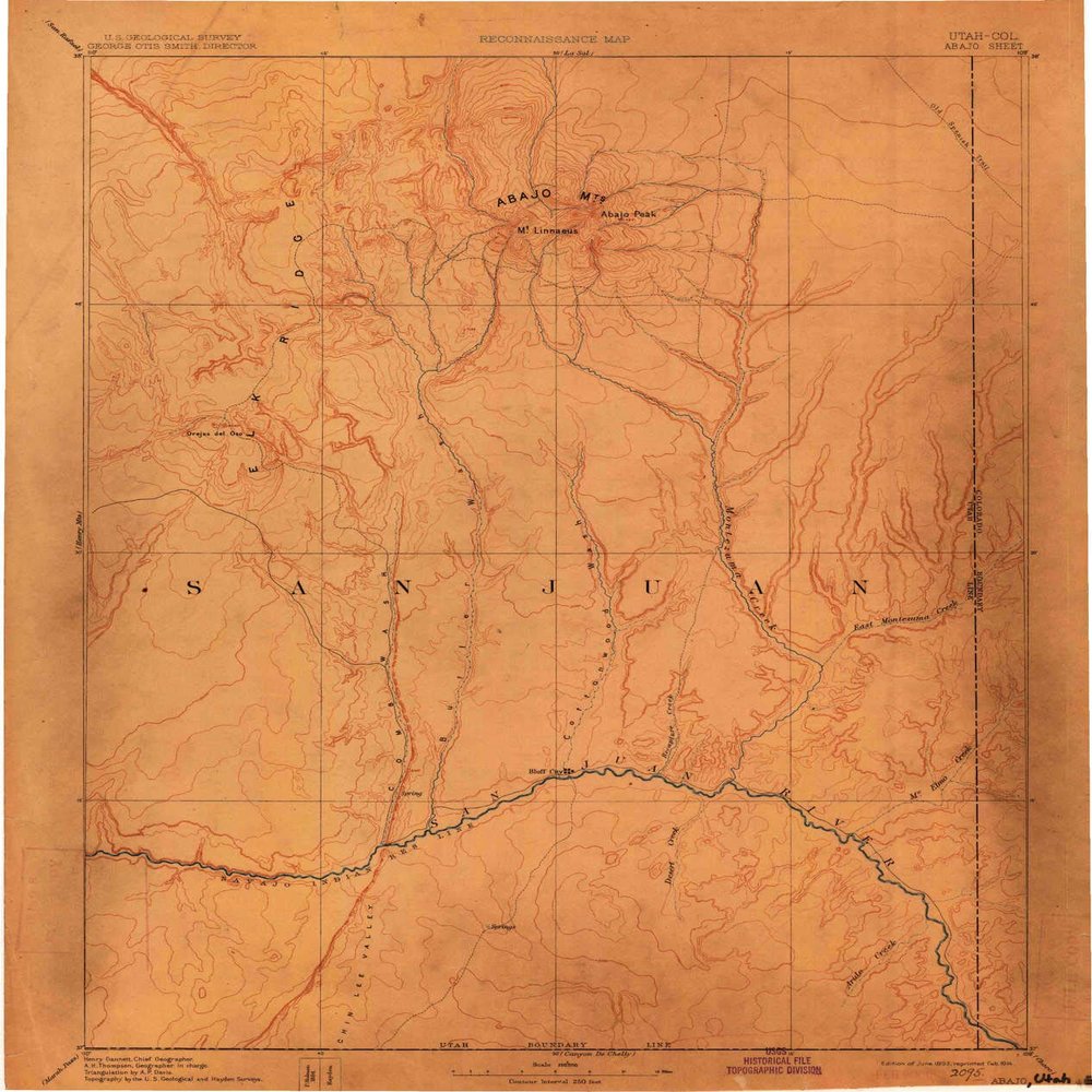YellowMaps Abajo CO topo map, 1:250000 Scale, 1 X 1 Degree, Historical, 1893, Updated 1914, 19.2 x 16.2 in - Polypropylene