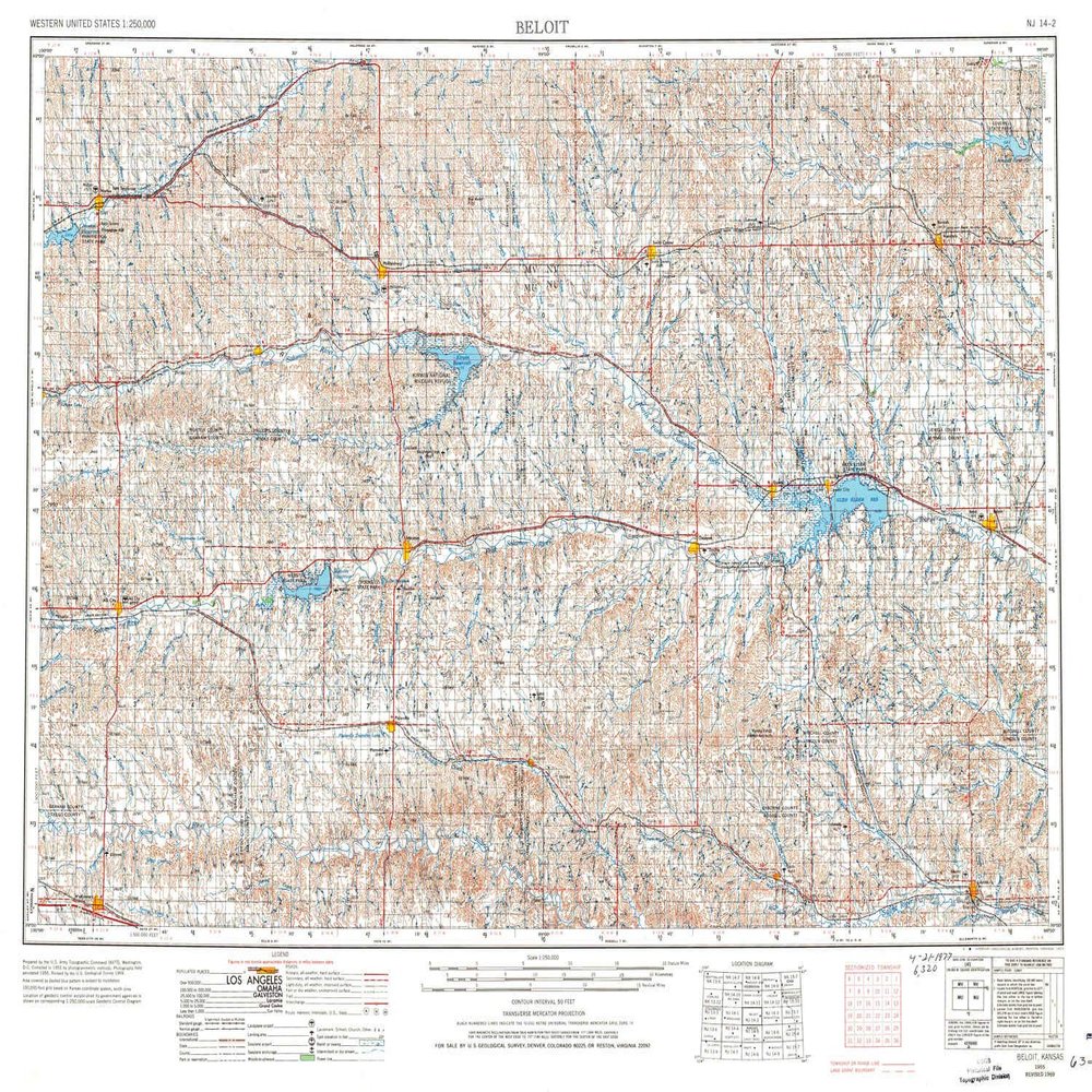 YellowMaps Beloit KS topo map, 1:250000 Scale, 1 X 2 Degree, Historical, 1955, Updated 1977, 21.96 x 29.47 in - Tyvek