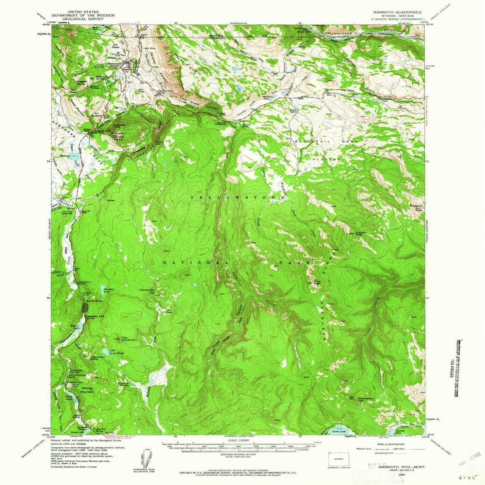 YellowMaps Mammoth WY topo map, 1:62500 Scale, 15 X 15 Minute, Historical, 1958, Updated 1962, 20.7 x 16.2 in - Tyvek