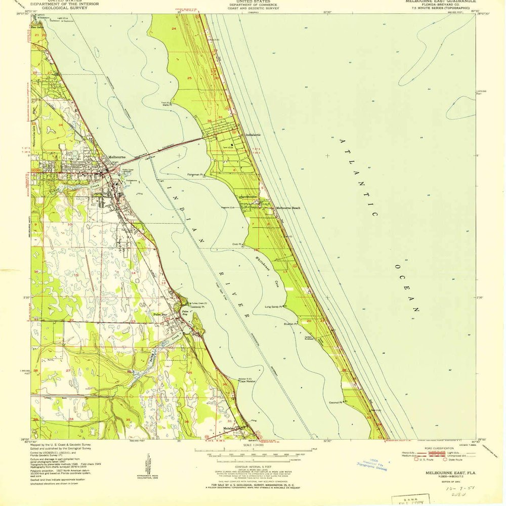 Melbourne East FL topo map, 1:24000 Scale, 7.5 X 7.5 Minute, Historical, 1951, 27 x 22.9 in - Polypropylene