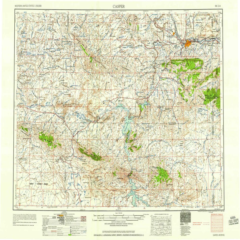 YellowMaps Casper WY topo map, 1:250000 Scale, 1 X 2 Degree, Historical, 1958, Updated 1958, 21.8 x 30.6 in - Polypropylene