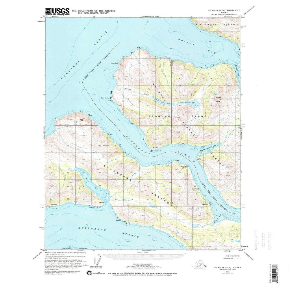 YellowMaps Afognak A 4 AK topo map, 1:63360 Scale, 15 X 15 Minute, Historical, 1952, Updated 1974, 21.6 x 18.1 in - Polypropylene