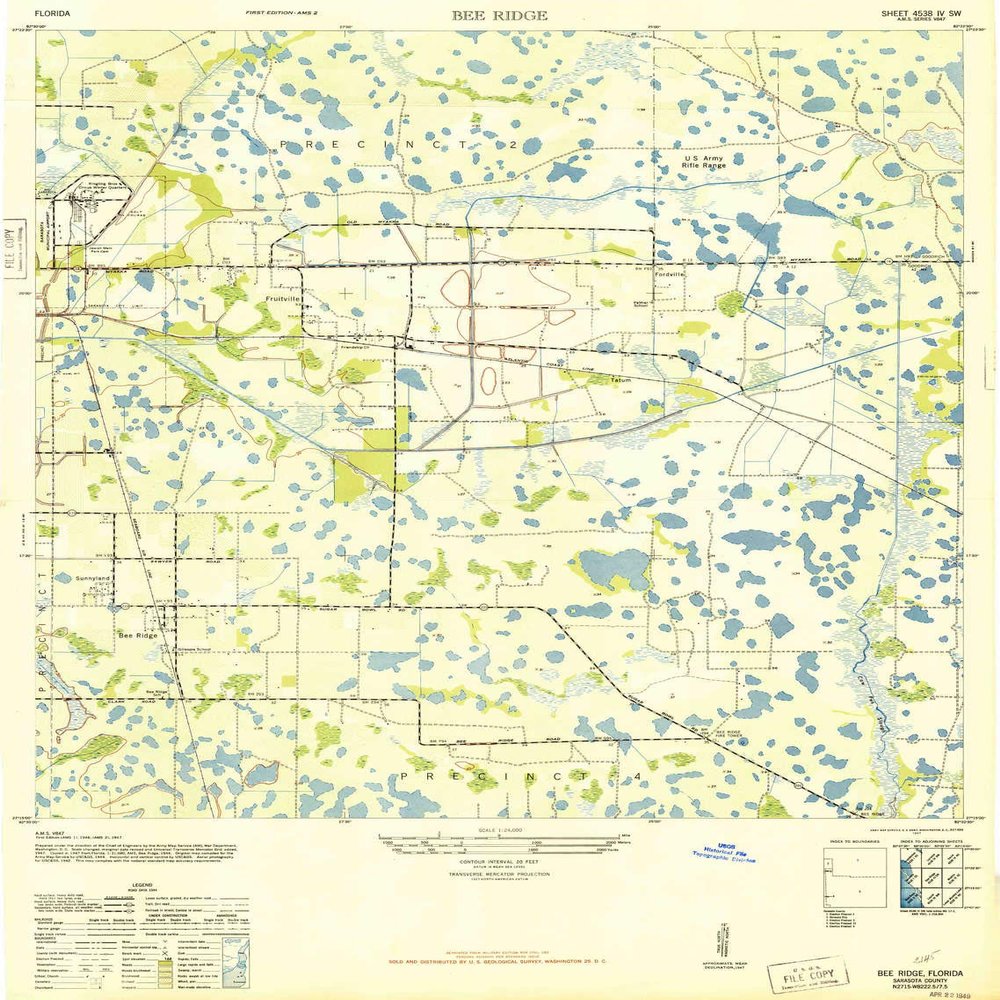 YellowMaps Bee Ridge FL topo map, 1:24000 Scale, 7.5 X 7.5 Minute, Historical, 1947, 28.8 x 21.9 in - Tyvek