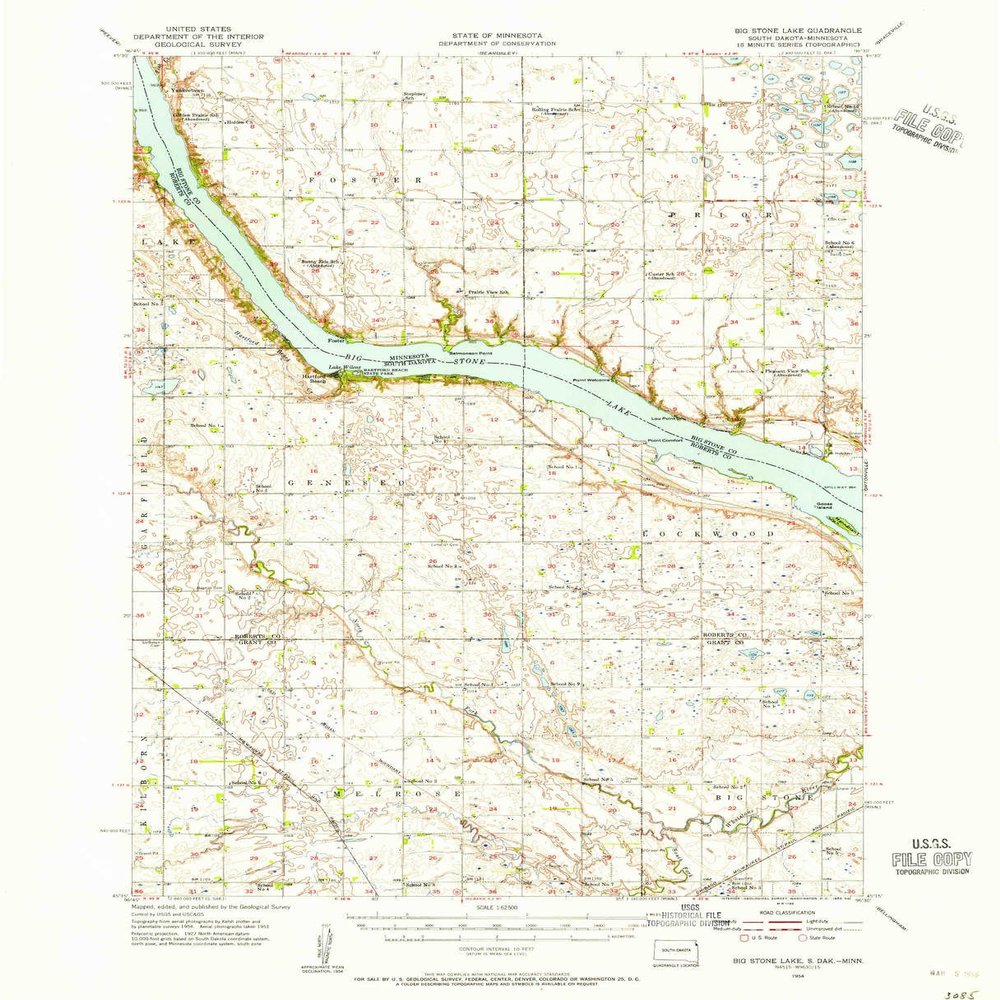 YellowMaps Big Stone Lake MN topo map, 1:62500 Scale, 15 X 15 Minute, Historical, 1954, Updated 1956, 20.8 x 16.9 in - Polypropylene