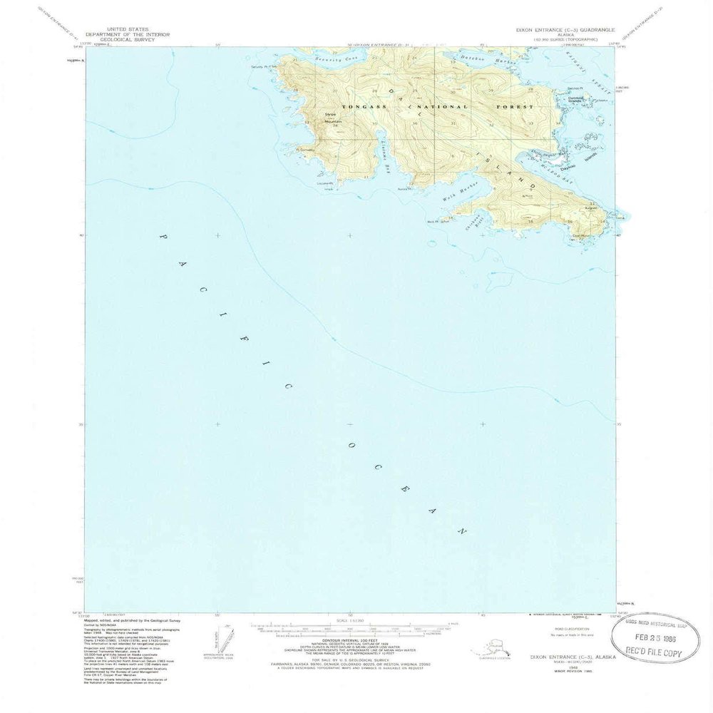 YellowMaps Dixon Entrance C 3 AK topo map, 1:63360 Scale, 15 X 15 Minute, Historical, 1948, Updated 1986, 21.8 x 18 in - Polypropylene