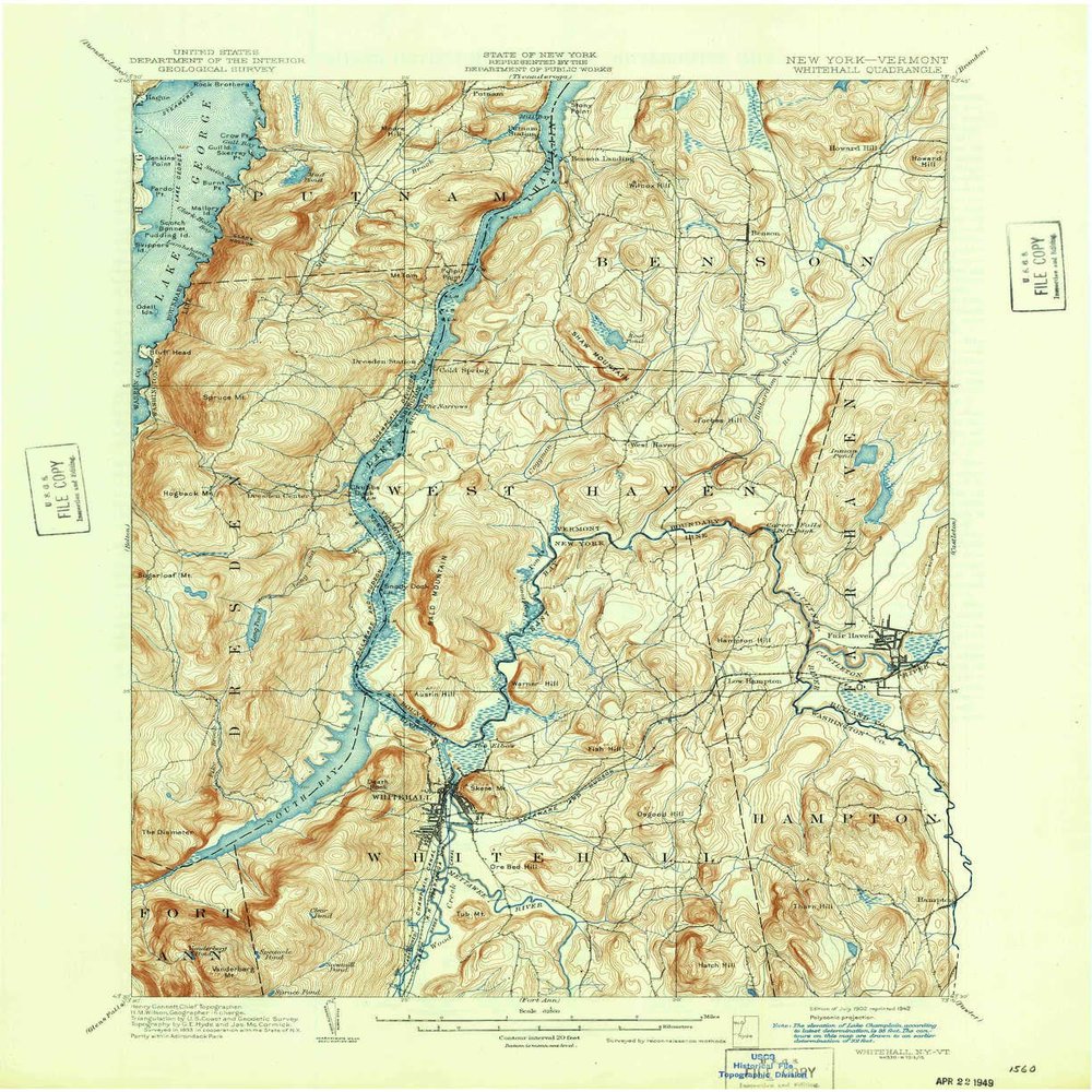 YellowMaps Whitehall NY topo map, 1:62500 Scale, 15 X 15 Minute, Historical, 1902, Updated 1942, 20.8 x 17 in - Polypropylene