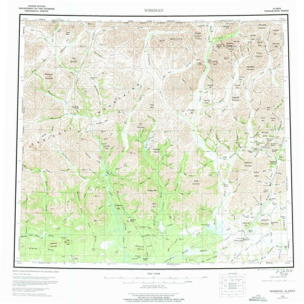 YellowMaps Wiseman AK topo map, 1:250000 Scale, 1 X 3 Degree, Historical, 1956, Updated 1975, 22.2 x 23.4 in - Polypropylene