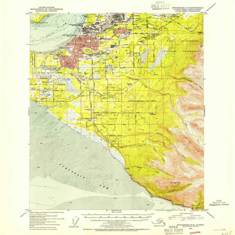 YellowMaps Anchorage A 8 AK topo map, 1:63360 Scale, 15 X 15 Minute, Historical, 1953, Updated 1954, 20.8 x 17 in - Polypropylene