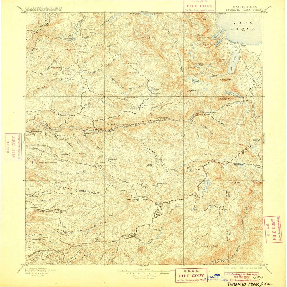 YellowMaps Pyramid Peak CA topo map, 1:125000 Scale, 30 X 30 Minute, Historical, 1896, Updated 1905, 19.9 x 16.6 in - Polypropylene