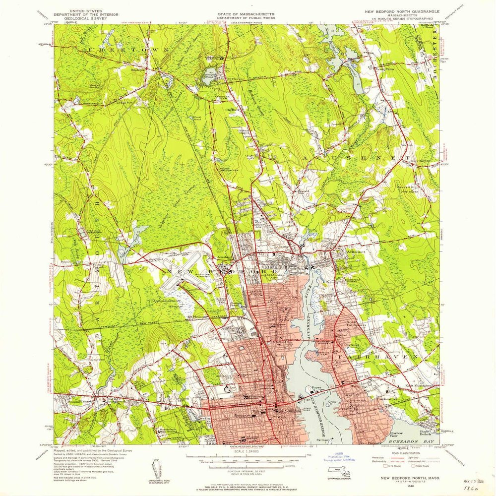 YellowMaps New Bedford North MA topo map, 1:24000 Scale, 7.5 X 7.5 Minute, Historical, 1948, Updated 1958, 26.9 x 22 in - Tyvek