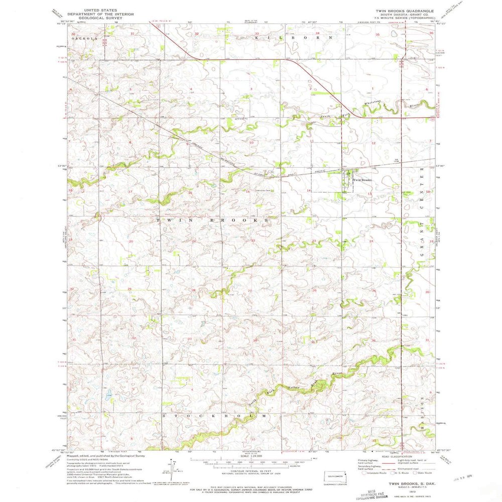 YellowMaps Twin Brooks SD topo map, 1:24000 Scale, 7.5 X 7.5 Minute, Historical, 1973, Updated 1975, 26.8 x 22 in - Polypropylene