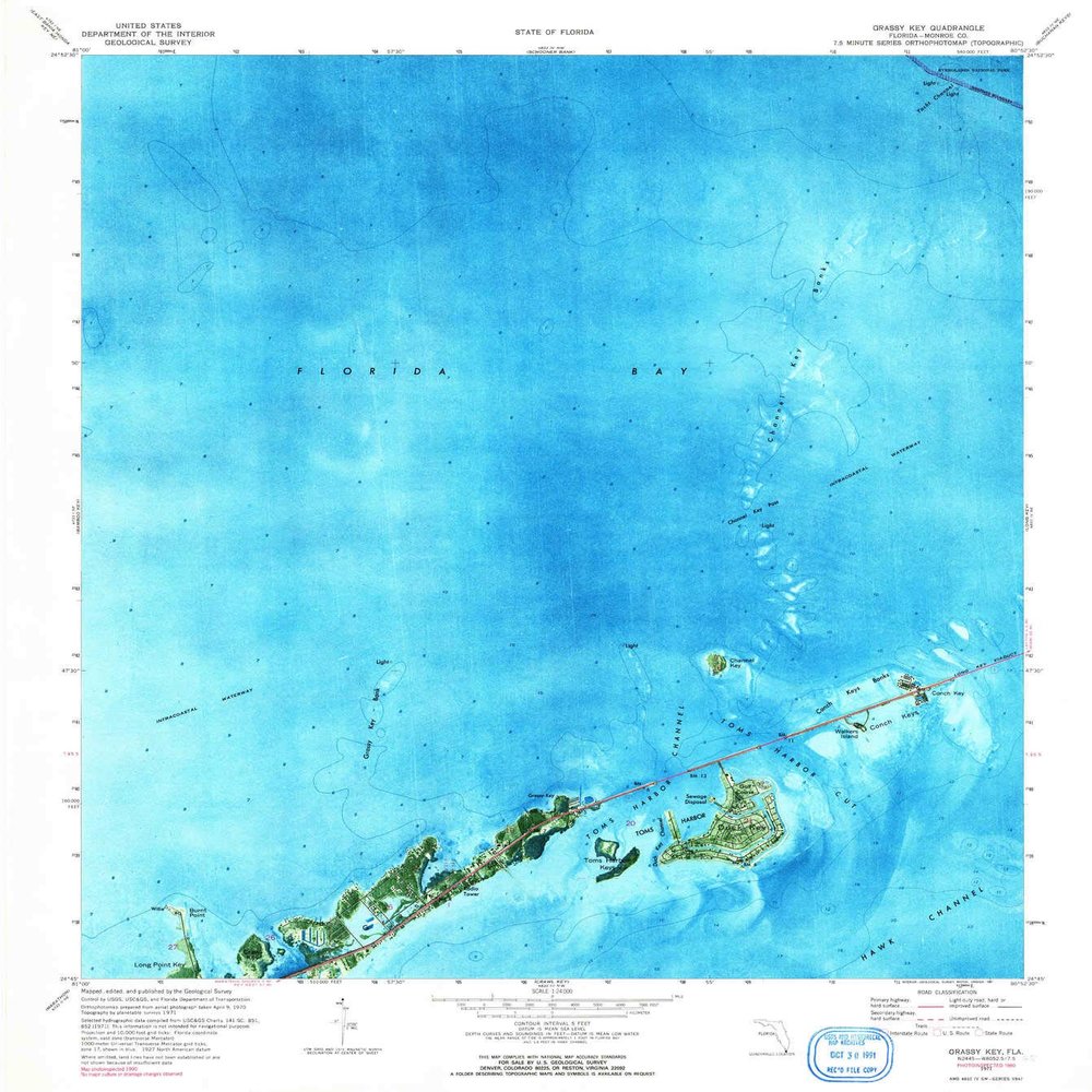 YellowMaps Grassy Key FL topo map, 1:24000 Scale, 7.5 X 7.5 Minute, Historical, 1971, Updated 1991, 26.9 x 24 in - Tyvek