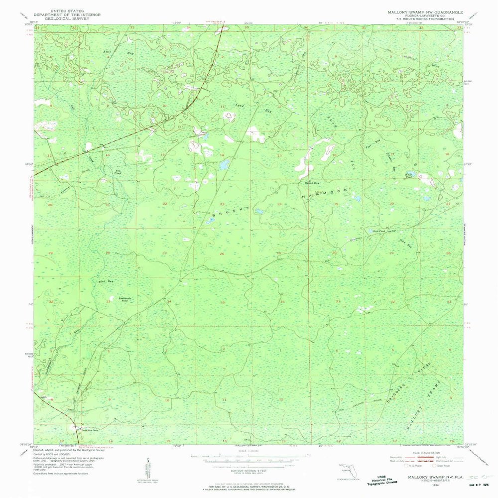 Mallory Swamp NW FL topo map, 1:24000 Scale, 7.5 X 7.5 Minute, Historical, 1954, 27 x 23 in - Polypropylene