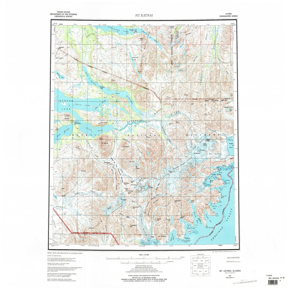 YellowMaps Mt Katmai AK topo map, 1:250000 Scale, 1 X 2 Degree, Historical, 1951, Updated 1984, 23.1 x 29.4 in - Polypropylene