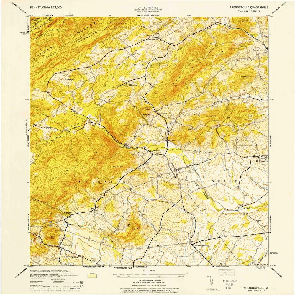 YellowMaps Arendtsville PA topo map, 1:24000 Scale, 7.5 X 7.5 Minute, Historical, 1944, Updated 1956, 26.99 x 21.69 in - Tyvek