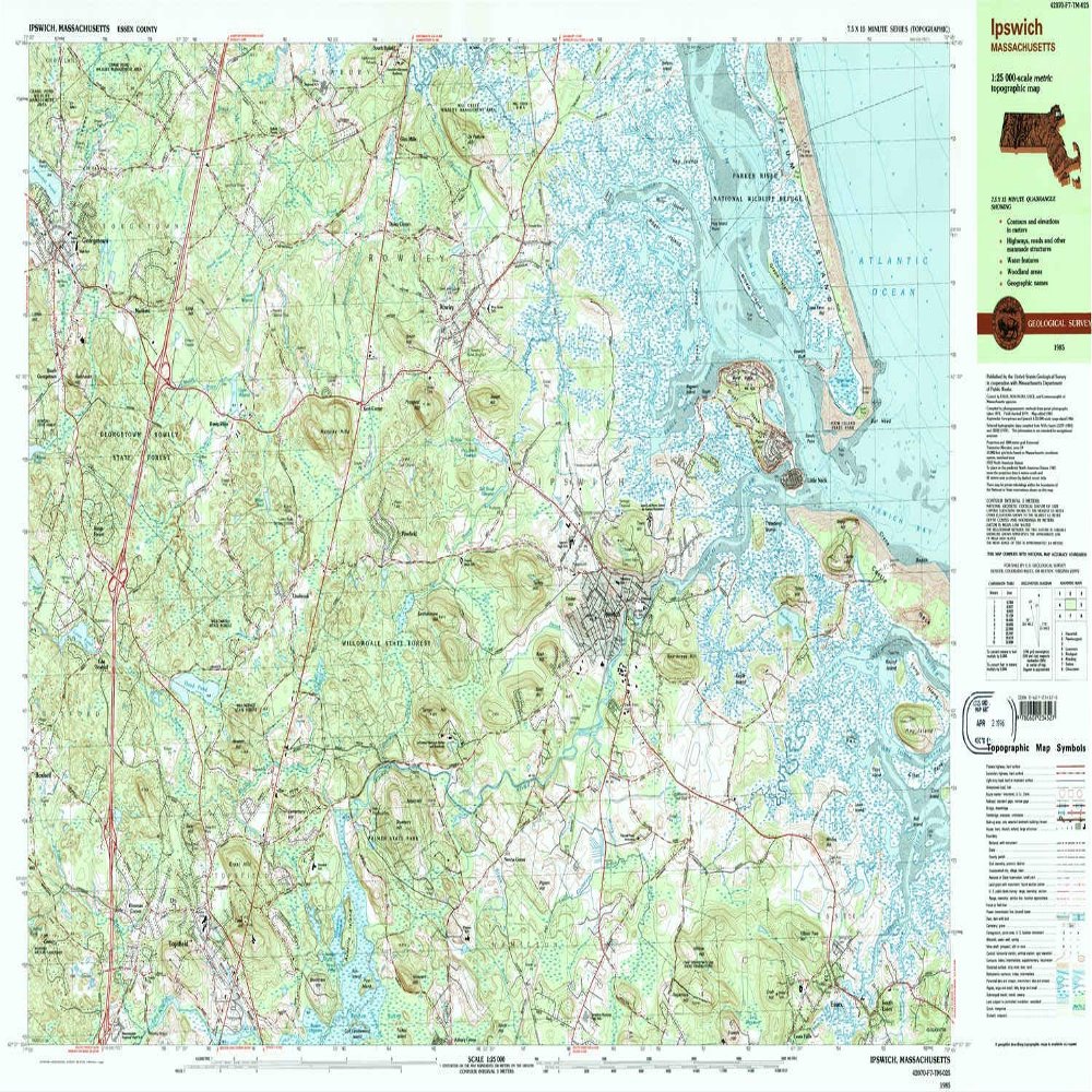 YellowMaps Ipswich MA topo map, 1:25000 Scale, 7.5 X 15 Minute, Historical, 1985, Updated 1986, 23.8 x 38.3 in - Polypropylene