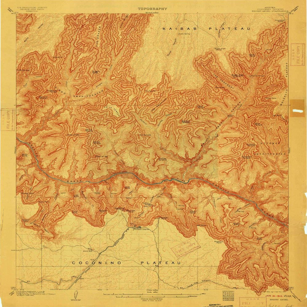 YellowMaps Bright Angel AZ topo map, 1:48000 Scale, 15 X 15 Minute, Historical, 1906, Updated 1912, 25.3 x 20.8 in - Tyvek