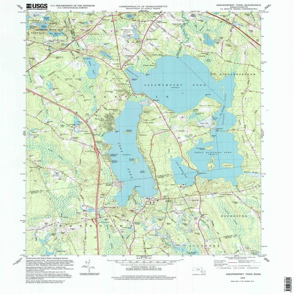 YellowMaps Assawompset Pond MA topo map, 1:25000 Scale, 7.5 X 7.5 Minute, Historical, 1997, Updated 1999, 26.5 x 20.5 in - Polypropylene