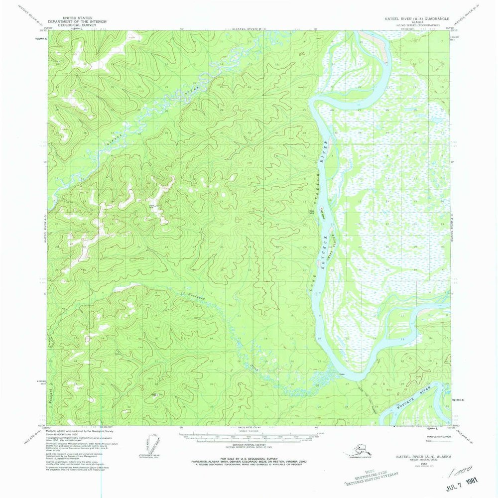 YellowMaps Kateel River A 4 AK topo map, 1:63360 Scale, 15 X 15 Minute, Historical, 1952, Updated 1981, 21.8 x 18 in - Polypropylene