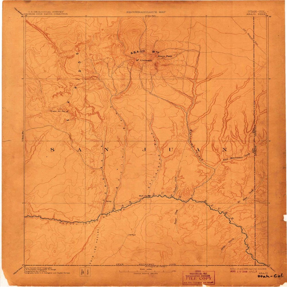 YellowMaps Abajo CO topo map, 1:250000 Scale, 1 X 1 Degree, Historical, 1893, Updated 1908, 20.2 x 16.5 in - Polypropylene