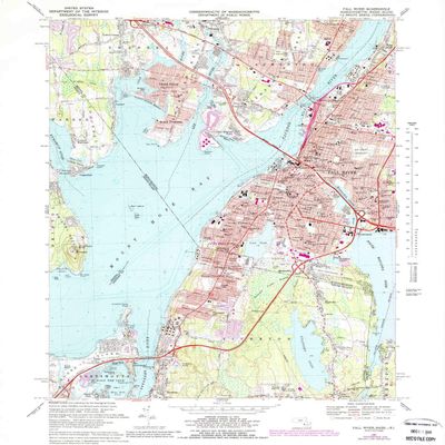 YellowMaps Fall River MA topo map, 1:24000 Scale, 7.5 X 7.5 Minute, Historical, 1967, Updated 1988, 26.8 x 22 in - Polypropylene