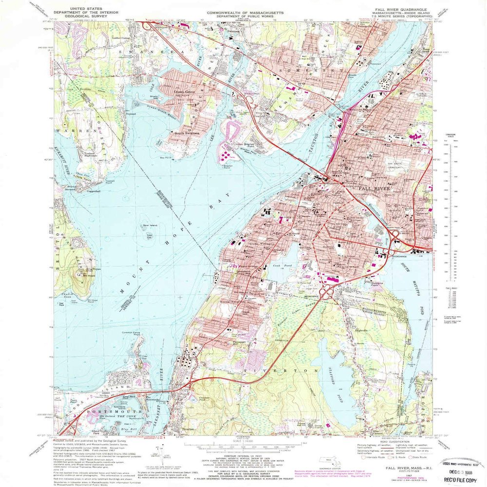 YellowMaps Fall River MA topo map, 1:24000 Scale, 7.5 X 7.5 Minute, Historical, 1967, Updated 1988, 26.8 x 22 in - Polypropylene