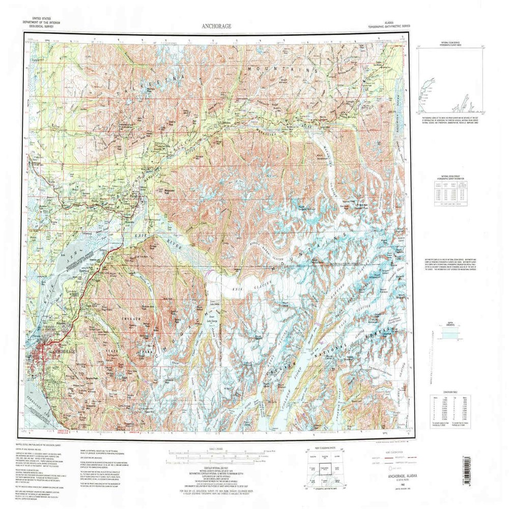 YellowMaps Anchorage AK topo map, 1:250000 Scale, 1 X 3 Degree, Historical, 1962, Updated 1986, 23.1 x 33.9 in - Tyvek