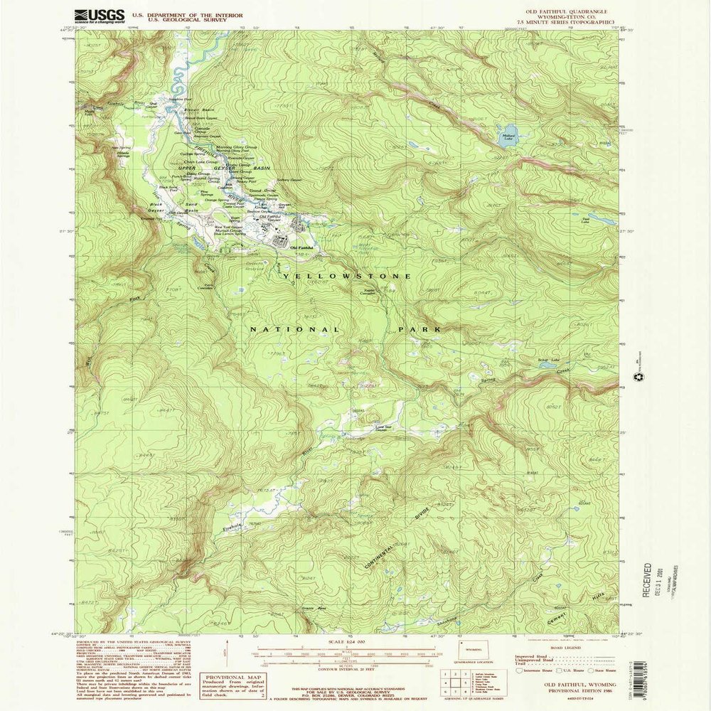 YellowMaps Old Faithful WY topo map, 1:24000 Scale, 7.5 X 7.5 Minute, Historical, 1986, Updated 1986, 26.8 x 21.3 in - Tyvek